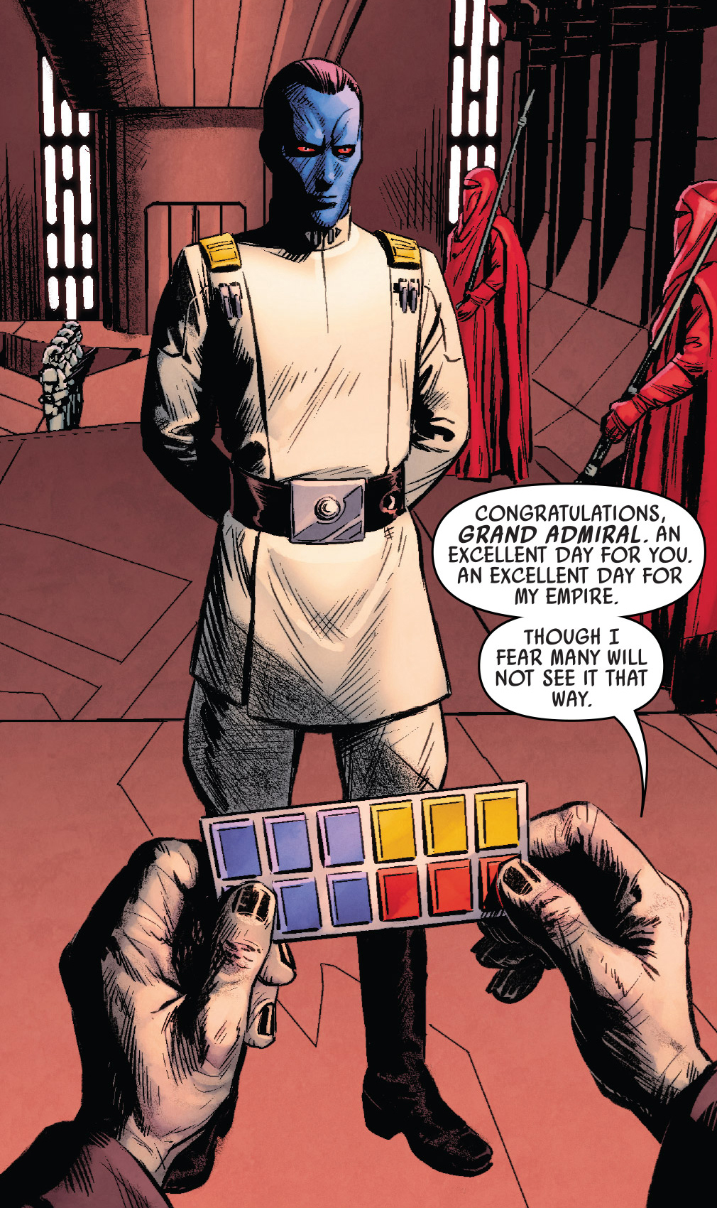 Grand Admiral Mitth'raw'nuruodo "Thrawn" receives his rank from Emperor Palpatine himself.