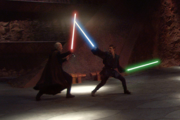 Padawan Anakin Skywalker employing Jar'Kai against Count Dooku.