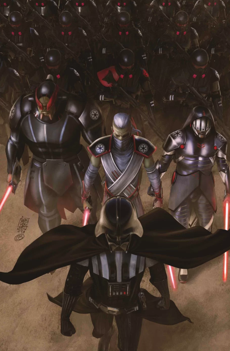 Darth Vader, the Sixth Brother, Ninth Sister and Tenth Brother accompanied by Purge Troopers in Bel City.