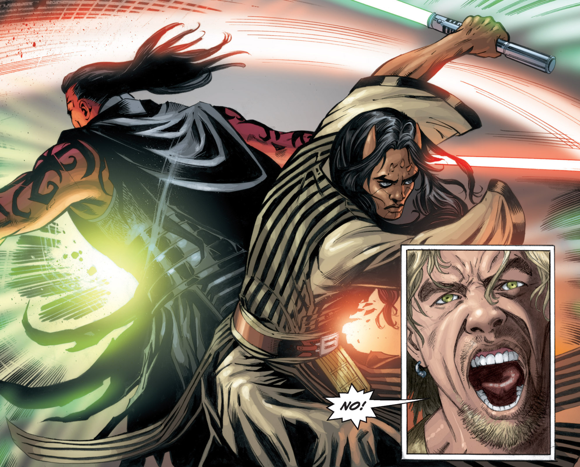 Wolf Sazen and Darth Stryfe strike each other down.