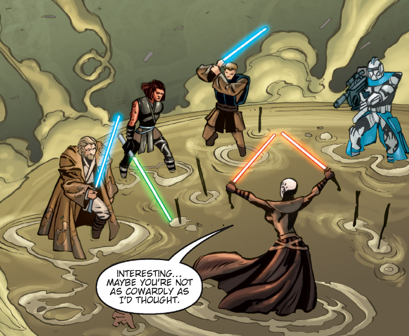 Xiss, now with only one arm, joins the fight against Ventress on Ohma-D'un.