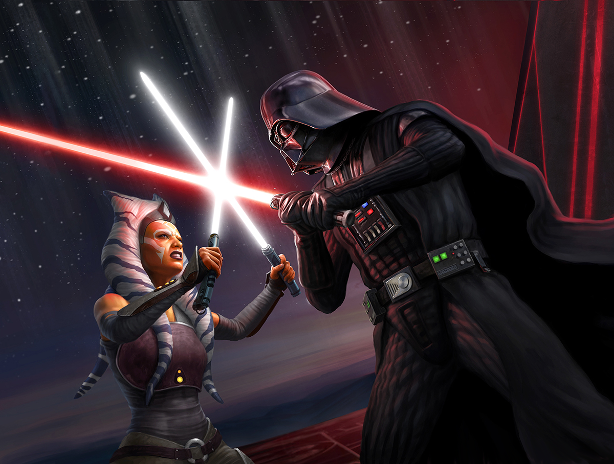 Ahsoka fights her former master, once Jedi Knight Anakin Skywalker, now Sith Lord Darth Vader, in a lightsaber duel.