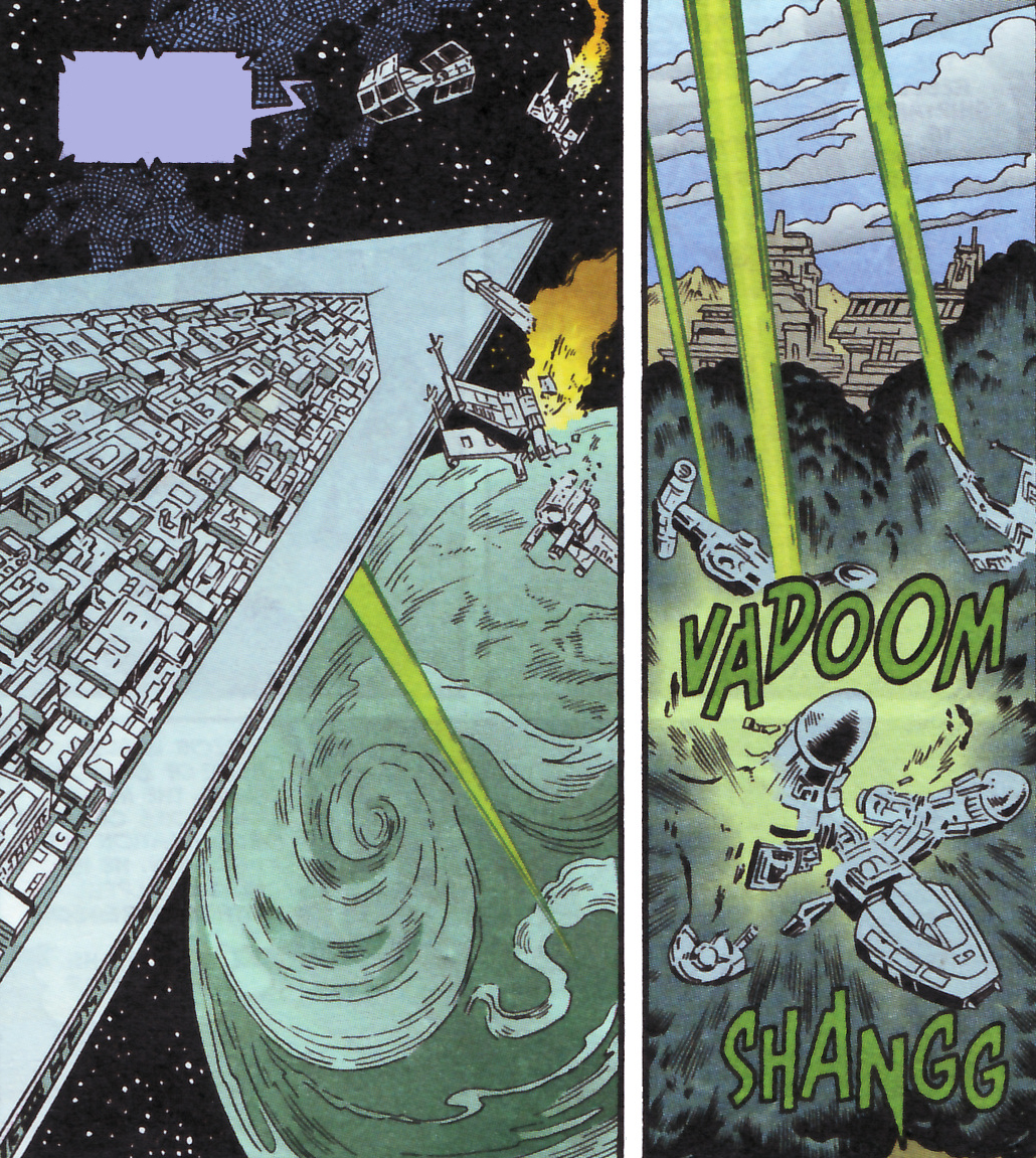 The Executor fires upon a planet housing the Rebel shipyards in the Shadows of the Empire Model Kit Mini-Comic