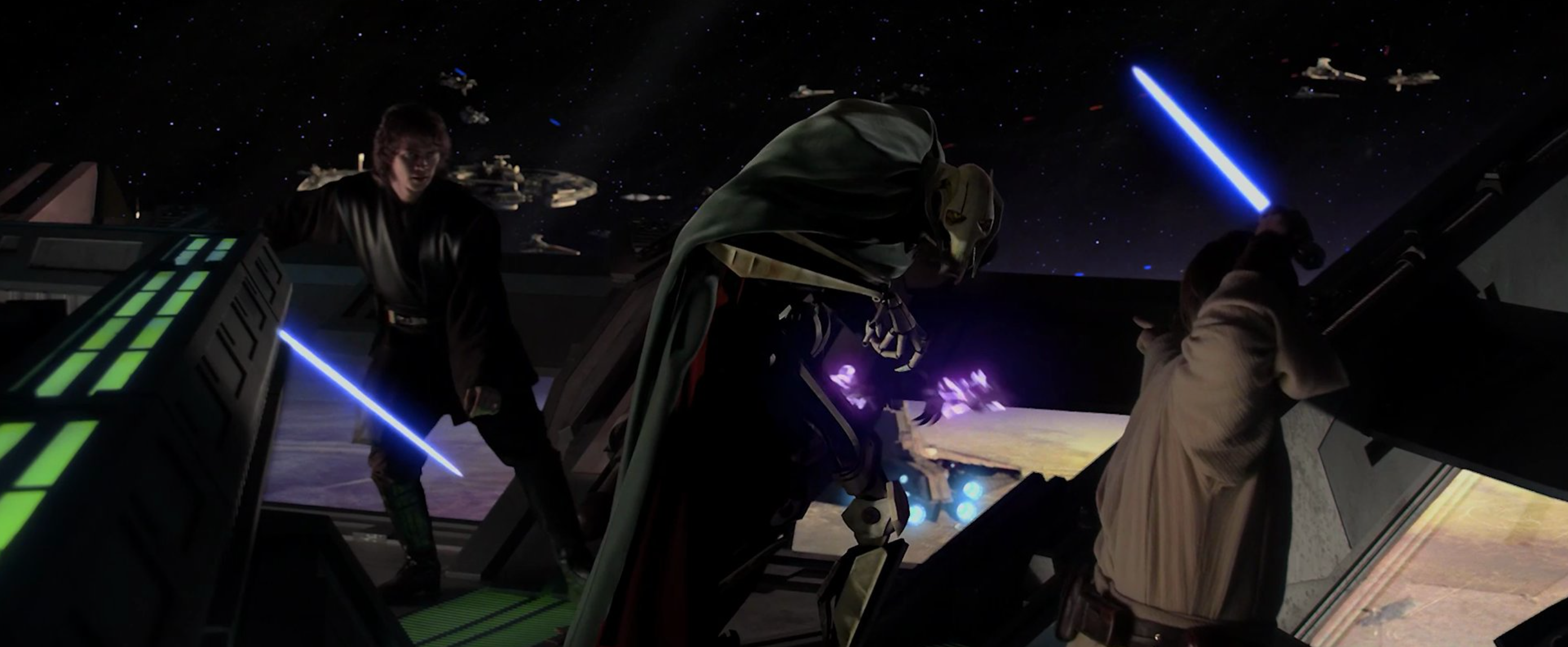 Anakin Skywalker and Obi-Wan Kenobi corner Grievous, who prepares to shatter the viewport before him to escape.