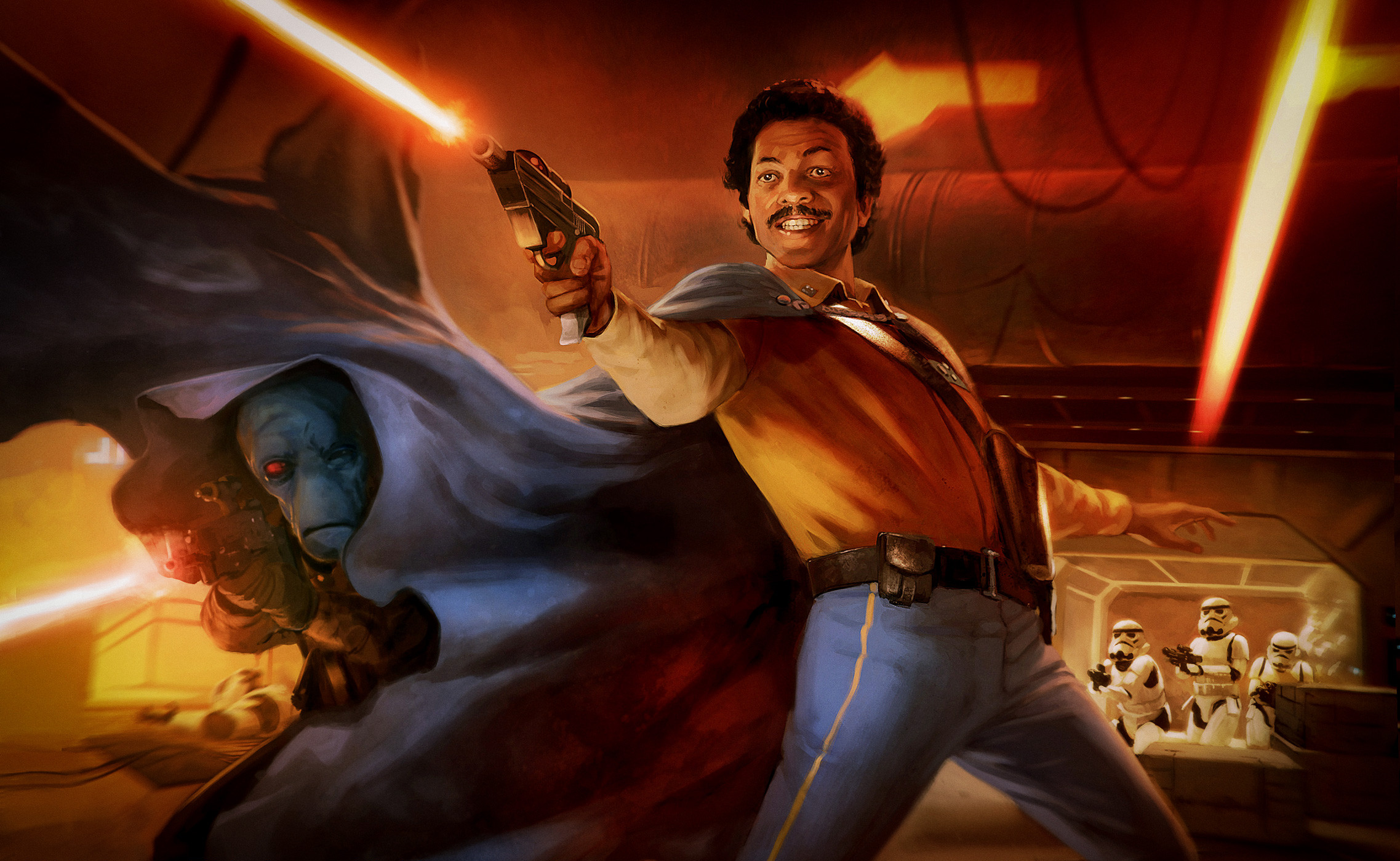 Shriv Suurgav and Lando Calrissian battle stormtroopers in the weapons depot.