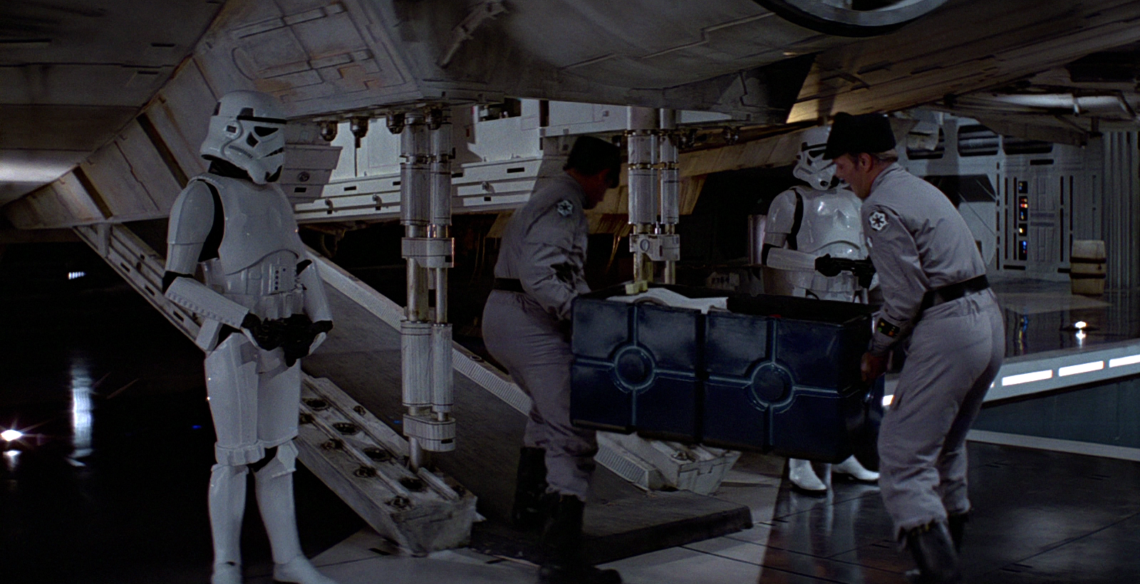 The stormtrooper TK-710 (right) stood guard outside the Millennium Falcon.