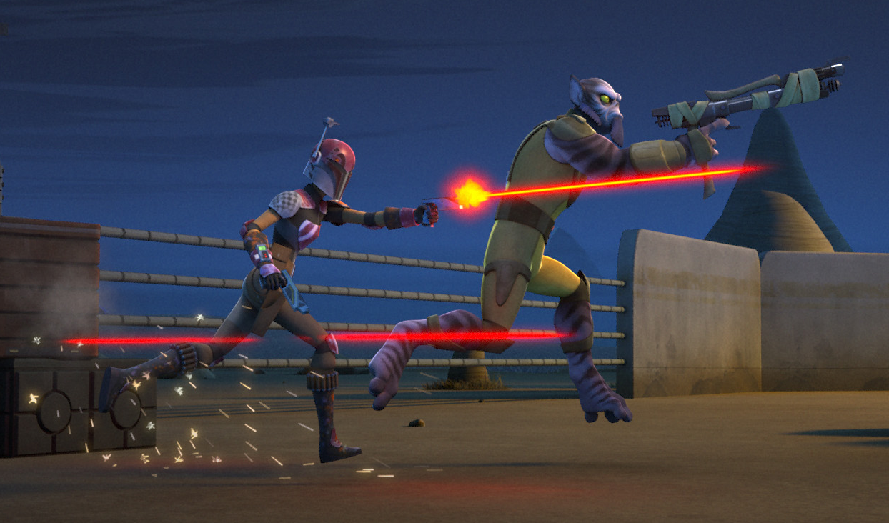 Sabine and Zeb battle Azmorigan and his men on Lothal