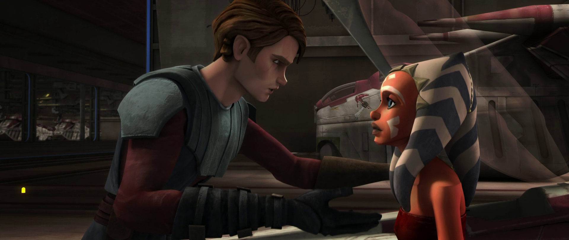 Anakin consoles Ahsoka after the loss of her squad.