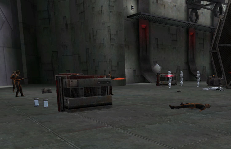 A shootout between several prisoners and stormtroopers.