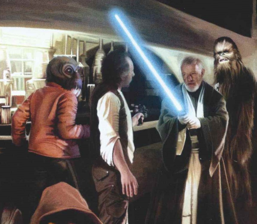 Obi-Wan Kenobi confronts Evazan and Baba in the Mos Eisley Cantina.