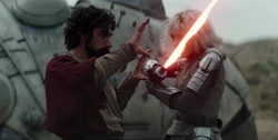 Ezra faced the mercenary Shin Hati without a lightsaber.