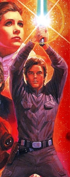 Solo holds his lightsaber aloft.