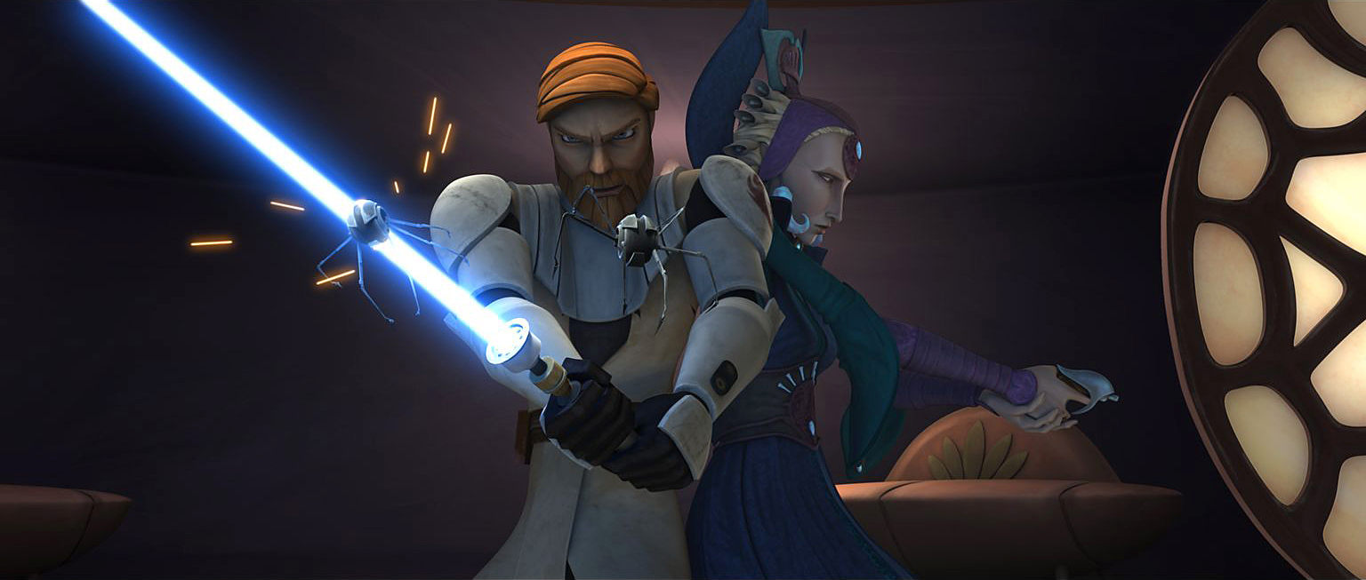 Kenobi defends Satine, with whom he at one time had an affair