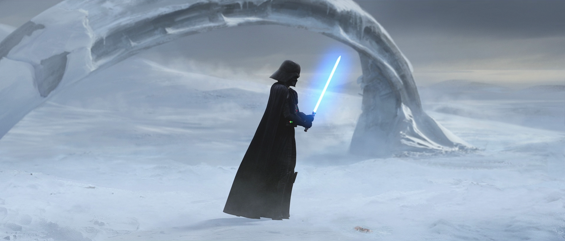 Vader finds Ahsoka's lightsaber on the snowy moon, realizing, deep down, that she is alive.