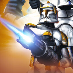 Clone Commander Cody firing a Z-6 rotary blaster cannon.