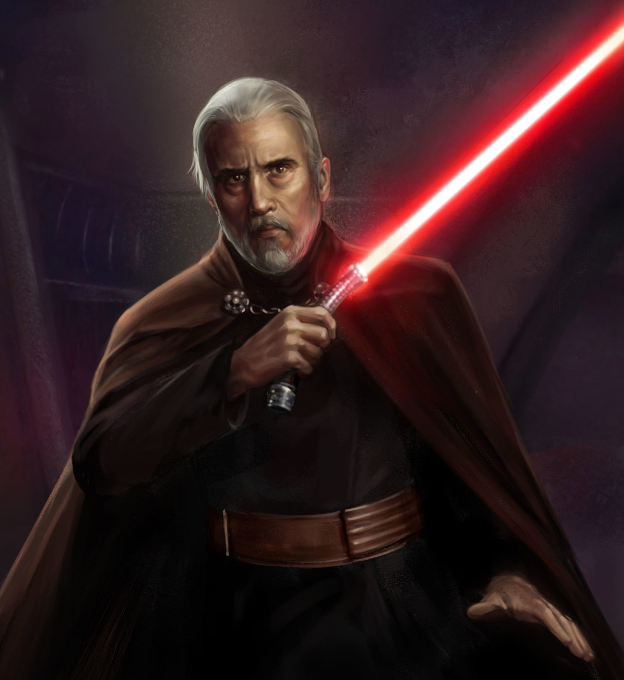 Dooku's curved-hilt lightsaber featured a red blade after becoming Darth Tyranus.