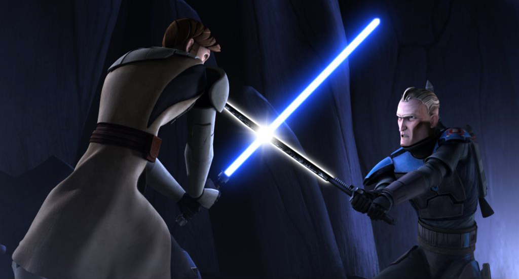 Vizsla wielding the Darksaber against Kenobi