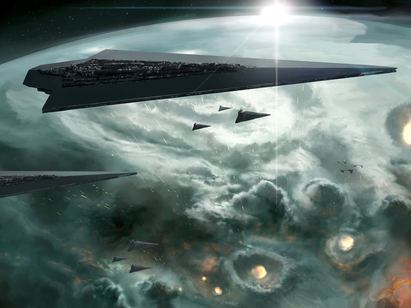 A fleet consisting of Executor-class Dreadnoughts, Imperial-class Destroyers and Nebulon-B frigates conduct an orbital bombardment.