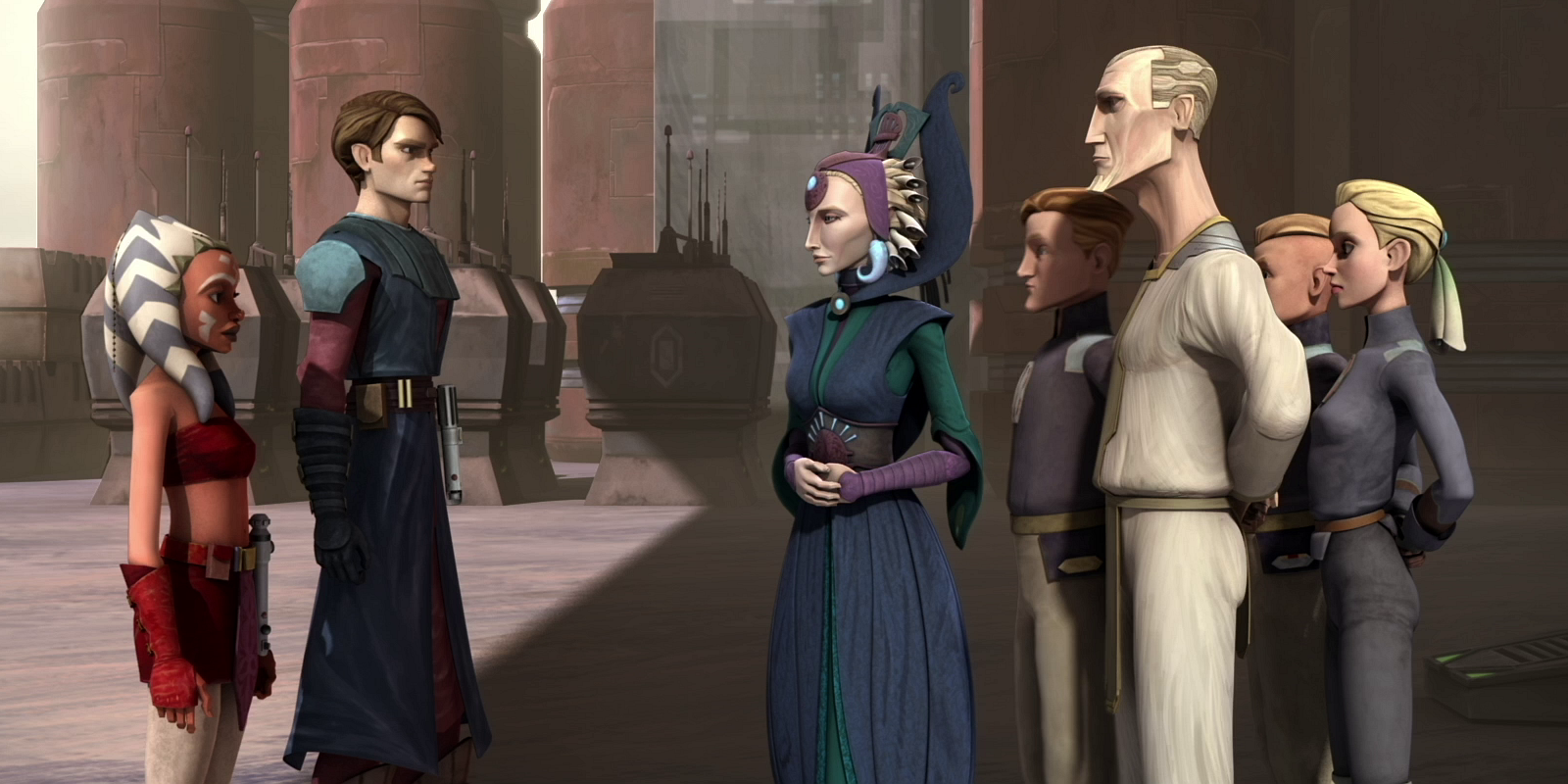 Kryze, Almec, and students of the Academy greet Skywalker and Tano.