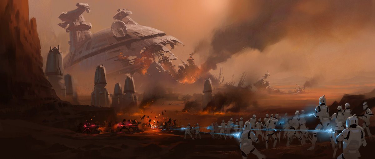 Episode II concept art by Church depicting the First Battle of Geonosis.