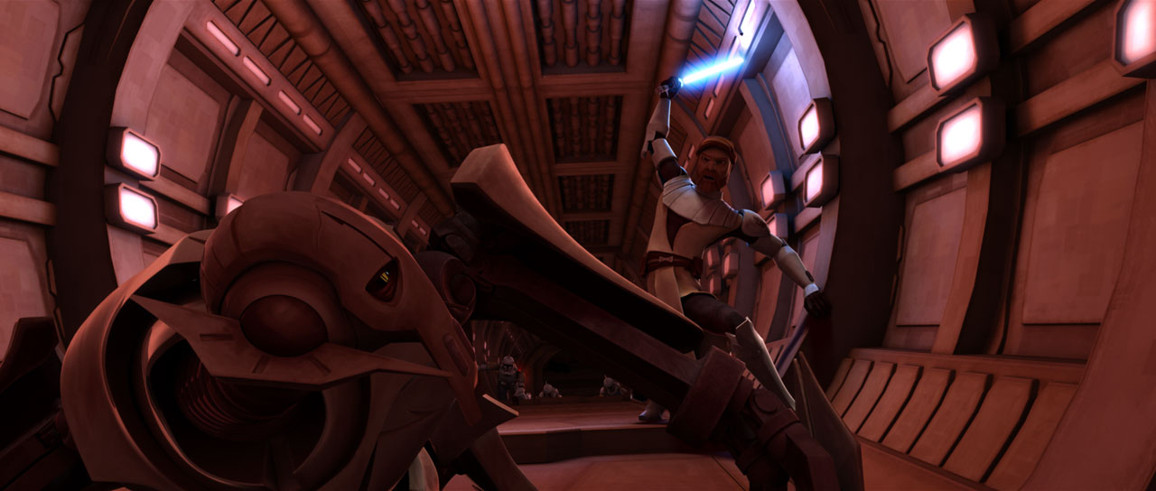 Kenobi engages Grievous in the docking tube.