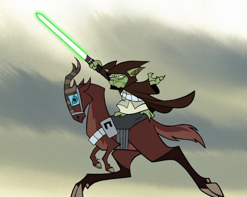 Yoda on his kybuck in one of the many battles of the Clone Wars.