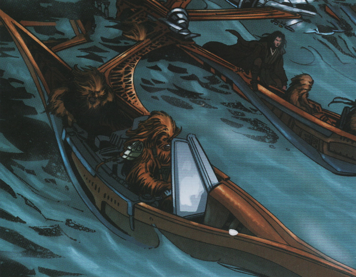 Quinlan Vos and several Wookiees make use of a catamaran during the Battle of Kashyyyk.