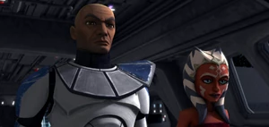 Rex and Ahsoka Tano command the Resolute during the space battle at Vanqor.