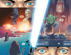 Through a vision, Luke Skywalker lets go of his lightsaber and sets off to save Leia Organa.