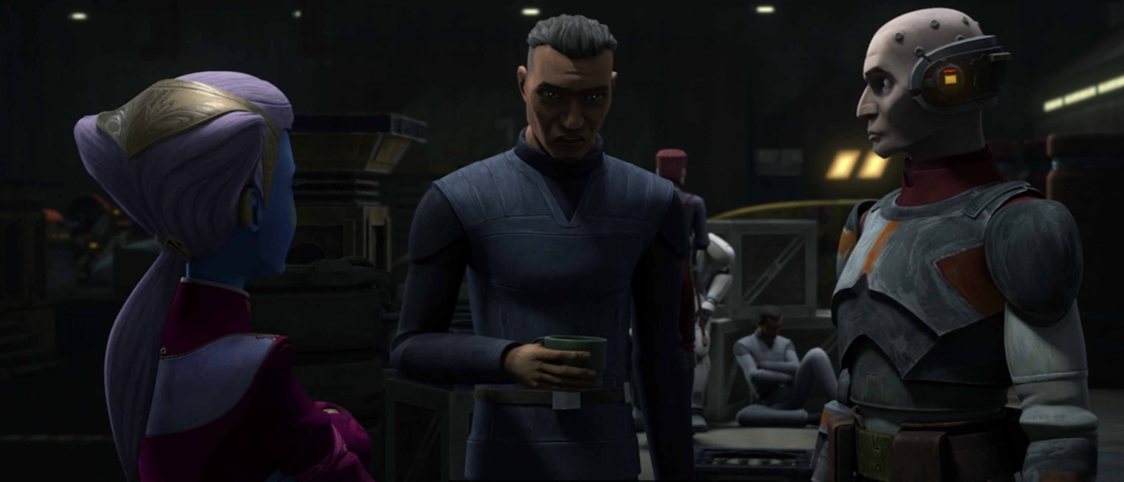 A rescued Howzer speaks with Senator Riyo Chuchi and Echo on Coruscant.