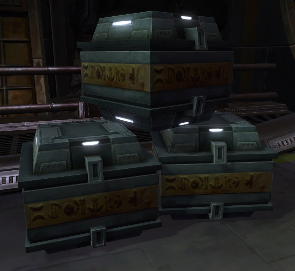 Cold War-era crates bearing inscriptions in Neimoidian Basic