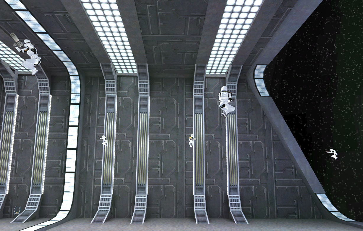 A hangar bay onboard Cairn Installation, with Stormtroopers being pulled into the vacuum of space.