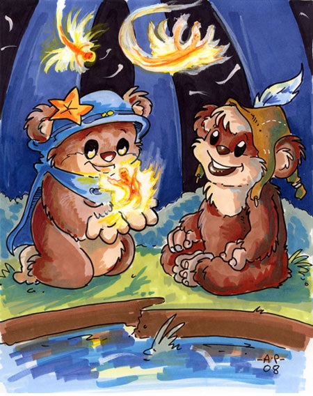 Wisties play with Ewoks in artwork from Castaways of Endor.