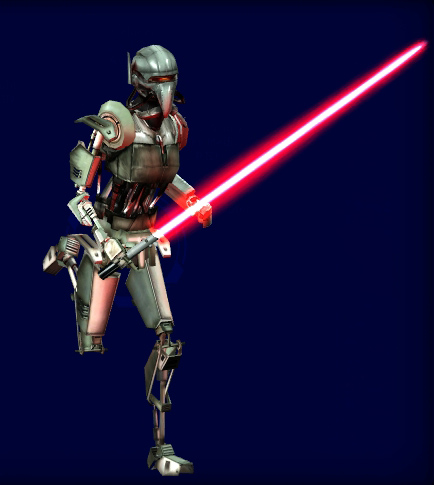 The CY-M Prototype, wielding a red lightsaber.