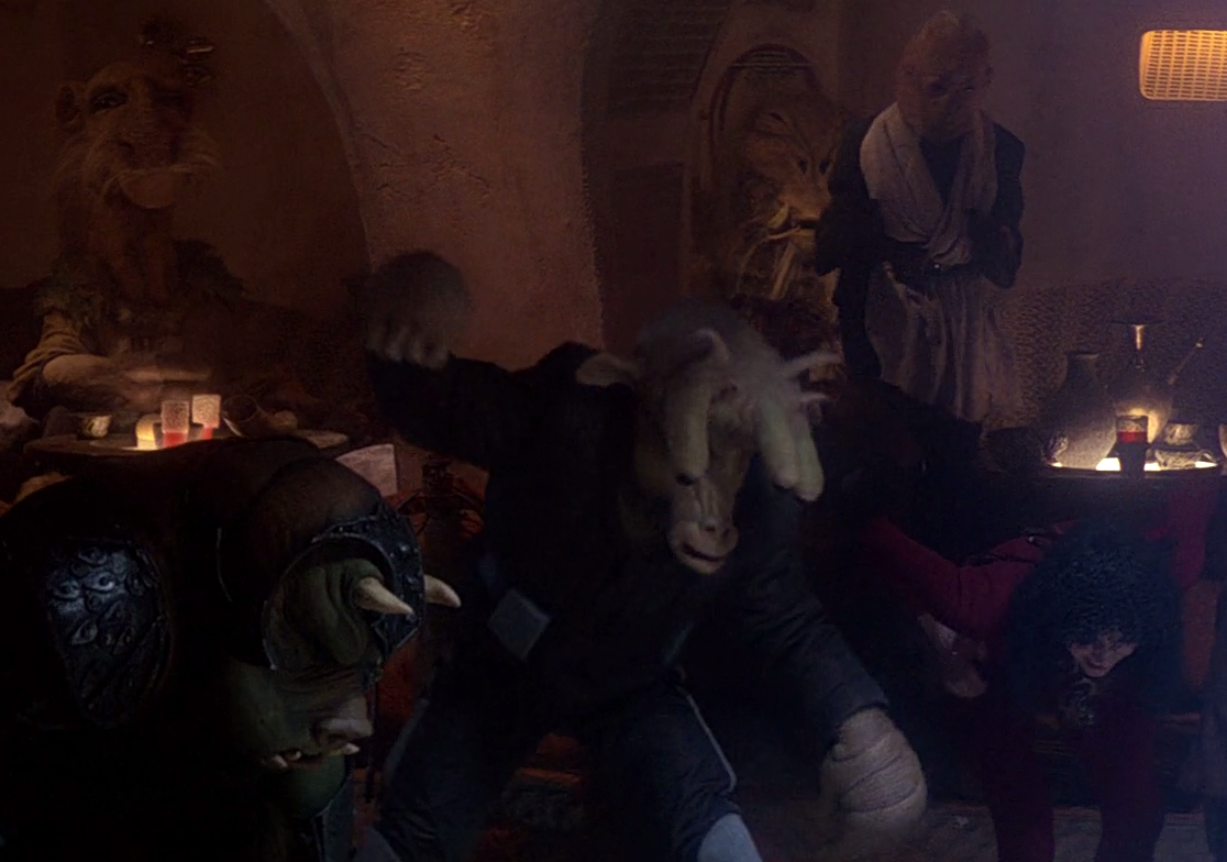 J'Quille cheered with the other denizens of Jabba's Palace when the dancer Oola fell into the rancor pit.