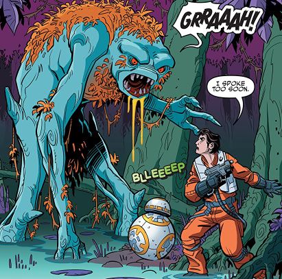 A creature attacks Dameron and BB-8.