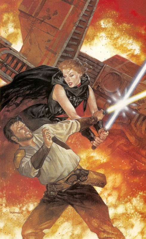 Sariss dueling Kyle Katarn near the wrecked Moldy Crow.