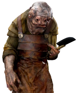 A disfigured Artiodac with a brown apron and green shirt stands with a cleaver in his left hand.