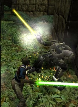 A  cutting down a training droid in the  training grounds.