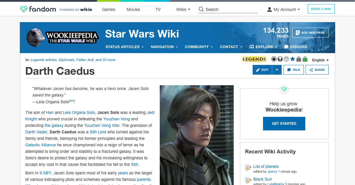 Wookieepedia's Darth Caedus article in Oasis skin, March 2017