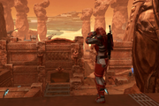 A Korriban Regiment soldier observes the Sith Academy grounds