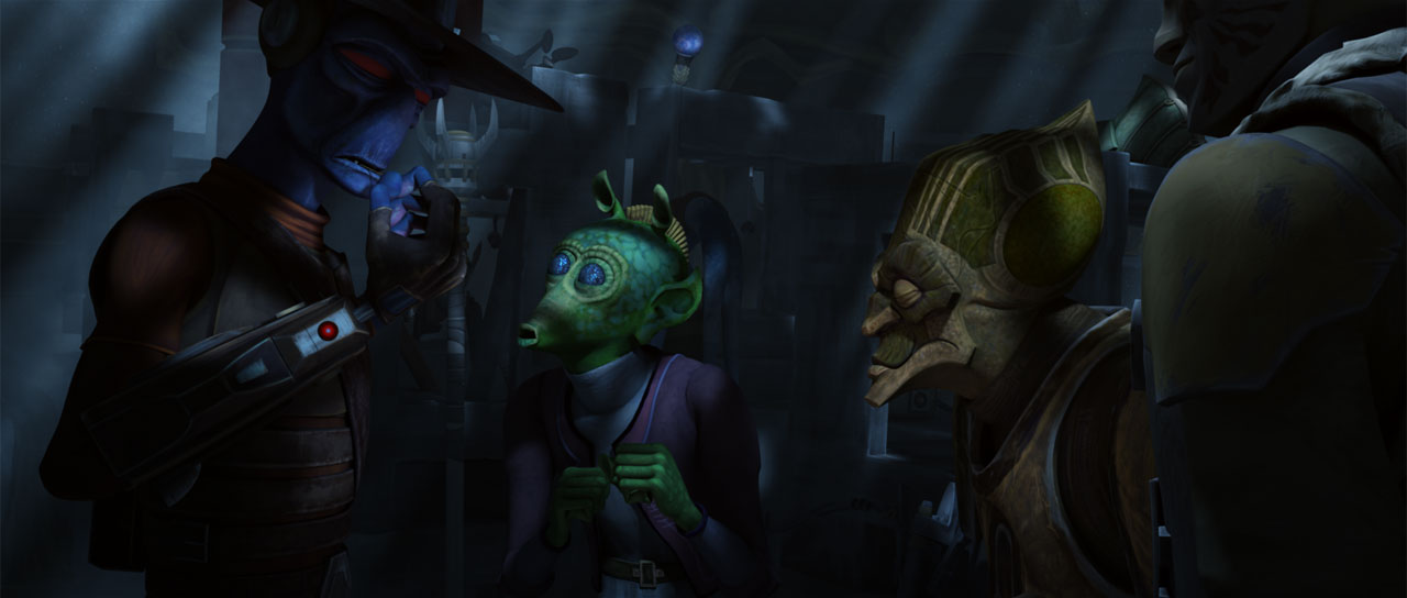 Eval, Bane, and Hardeen purchase new gear after fleeing Coruscant.