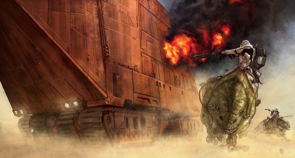 Sandtroopers attack the Jawa sandcrawler.