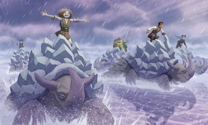Churo, Jamil Sollis, Kildo, Tep Tep and Zenny Greylark ride tortles on Palagosal.
