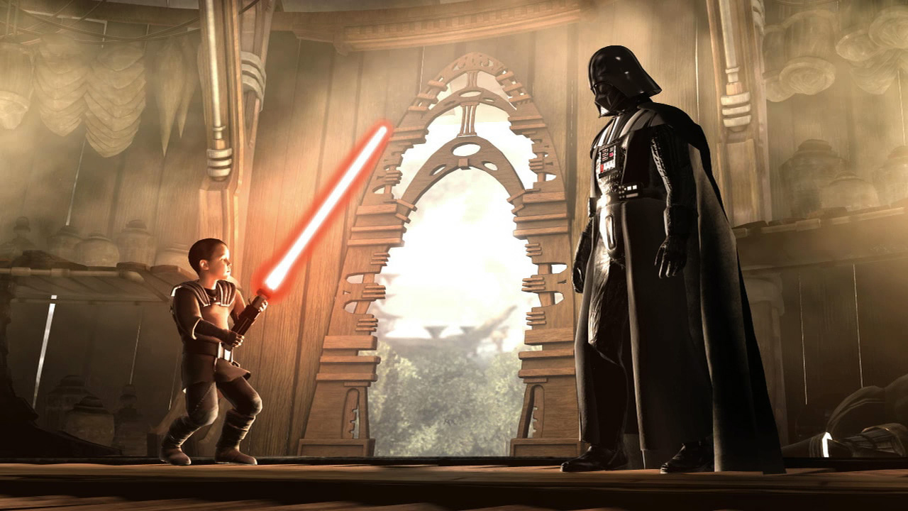 Darth Vader discovers Galen Marek inside the Jedi hut.