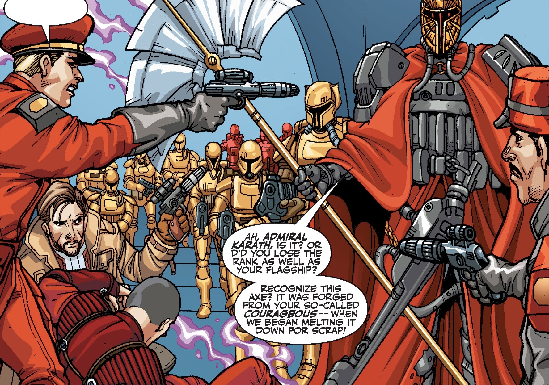 Karath tells Mandalore the Ultimate to step away from Jedi Knight Alek.