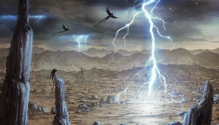 A lightning storm rages across the barren surface of Ossus