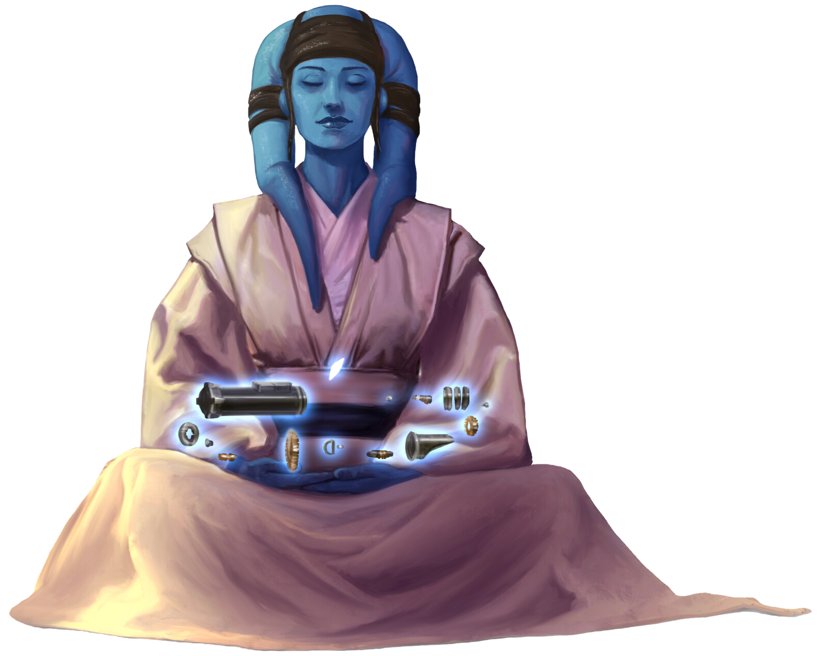 A Twi'lek Jedi using the Force to assemble a lightsaber out of several components