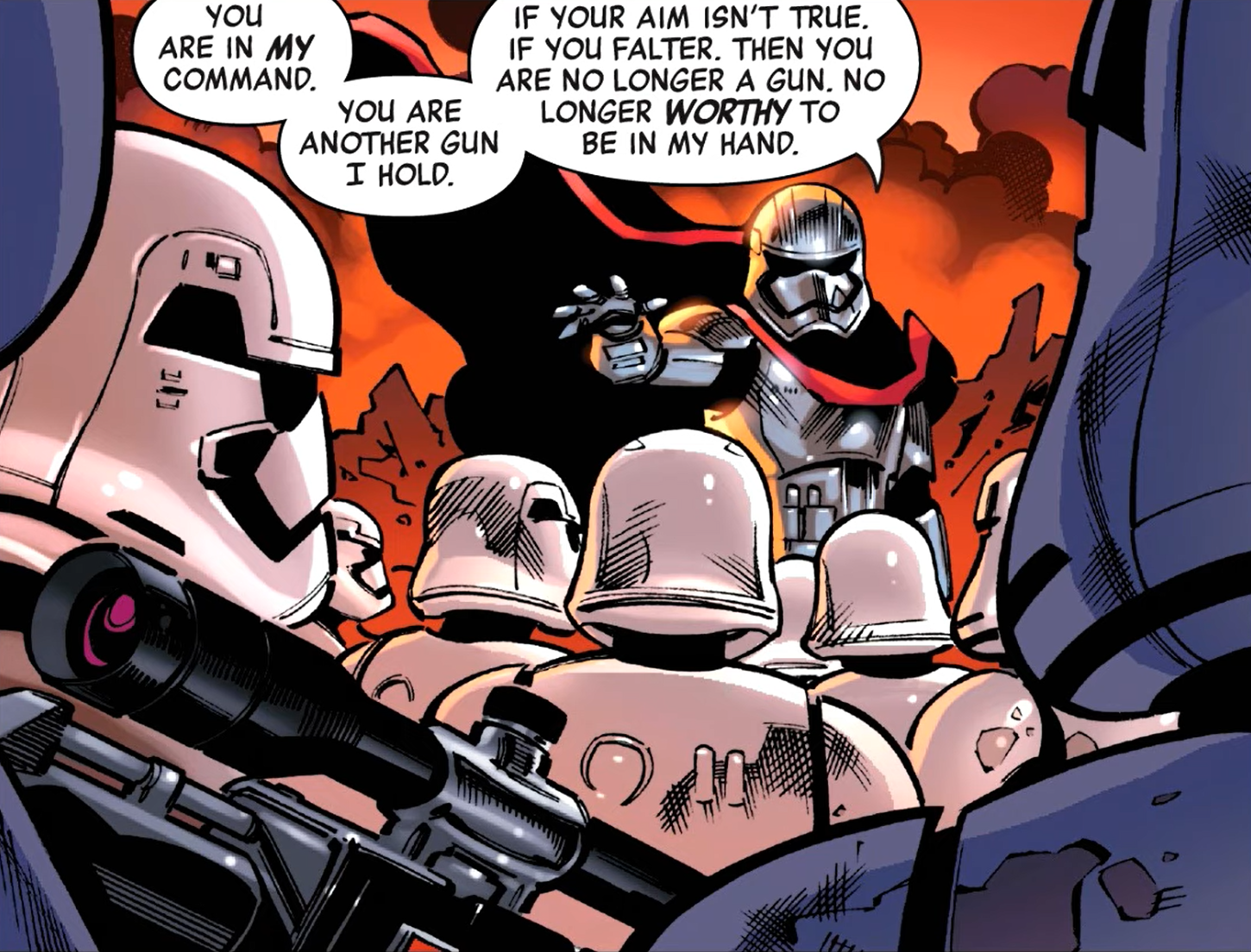 Captain Phasma speaks to her troops on Demir, proclaiming them to merely be guns in her hand.