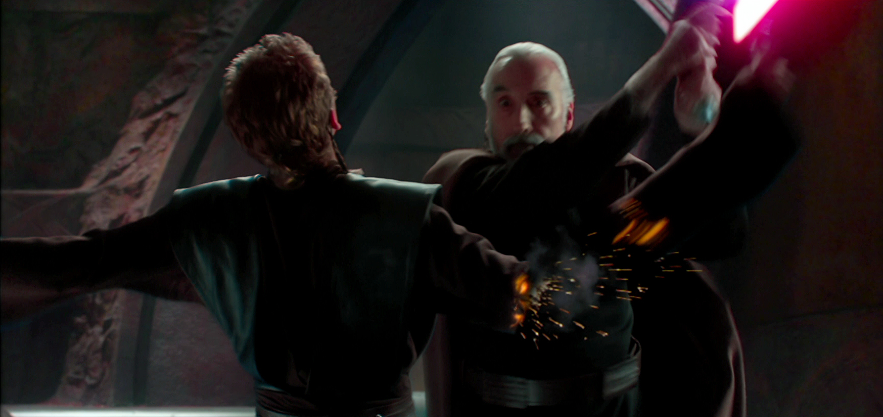 Skywalker loses his right arm to Dooku's blade.